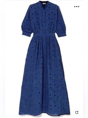 Paul & Joe Blue Eyelet Maxi Dress with Puff Sleeves Size 38